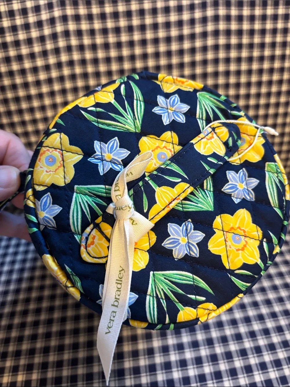 Vera Bradley Quilted Cylinder Cosmetic Case - Navy with Yellow Floral